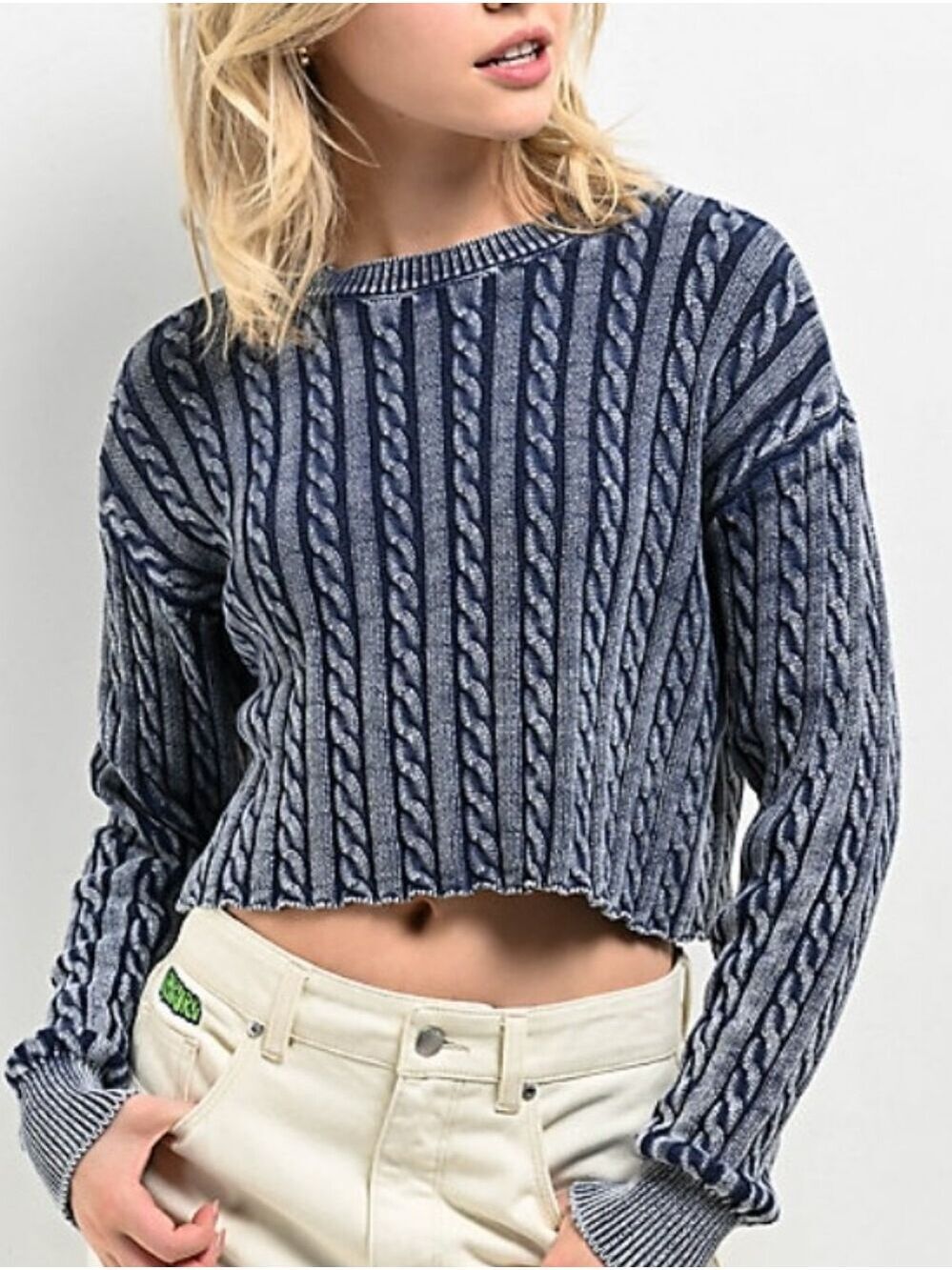 Aerie Washed Out Navy Long Sleeve Crop Sweater Size Medium
